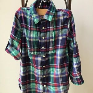 Polo Ralph Lauren‎ Tunic Plaid Pintuck Lightweight Button Down Roll Tab Sleeve